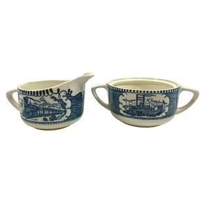 Currier & Ives Royal China Sugar and Creamer Bowl Train Paddle Boat Blue No Lids